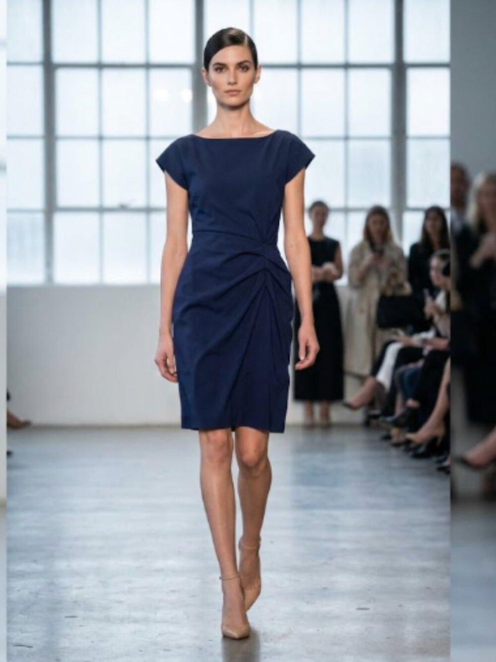 Sz 50 CHIARA BONI Bateau Navy Blue Neckline Knee-Length Ruched Dress Sz 50 Large